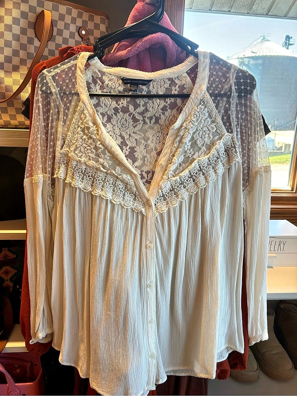 AE Lace Long-Sleeve Button-Up Blouse